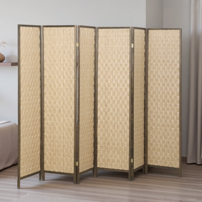 HOMCOM 6 FT Room Divider, 6 Panel Folding Privacy Screen, Lightweight Handwoven Freestanding Partition for Home Office, Brown
