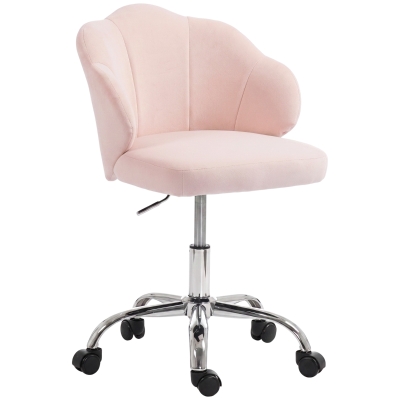 HOMCOM Task Desk Chair, Petal Office Chair with Swivel Wheels with Wide Seat, Velvet, Adjustable Height, Pink