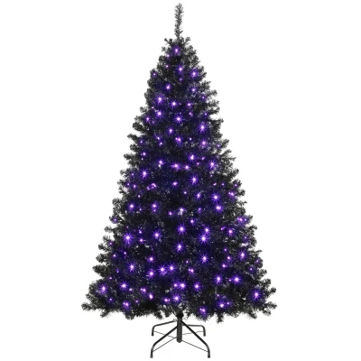 HOMCOM 6ft Pre-lit Black Christmas Tree, Artificial Halloween Tree with 680 Purple LED Lights, 680 Tips, Metal Stand, Black