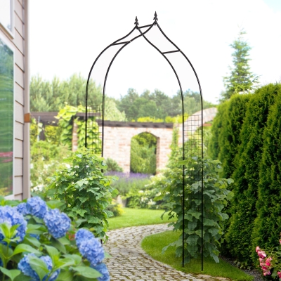 Outsunny 8FT Metal Garden Arch, Decorative Arbor Trellis for Climbing Plants, Wedding, Party, Event, Holiday, Black