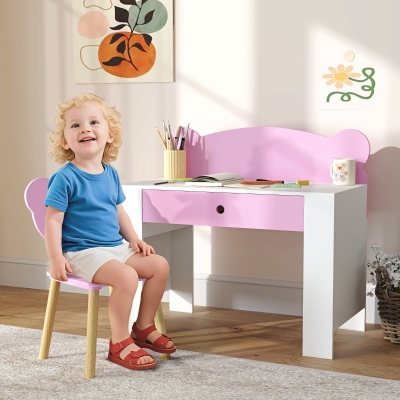 Qaba Kids Desk and Chair Set with Drawer for Drawing, Reading, Bear Theme Children Furniture for Bedroom, Daycare, Pink