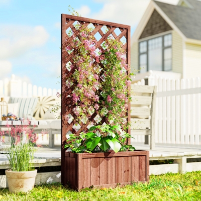 Outsunny 2.4 x 1 x 4.9 ft Garden Wooden Pine Trough Planter with Topped Trellis Climbing Plants Flower Raised Bed, Orange