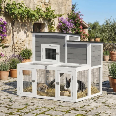 PawHut Wooden 2-Story Rabbit Hutch Cage with Run & Tray, Waterproof