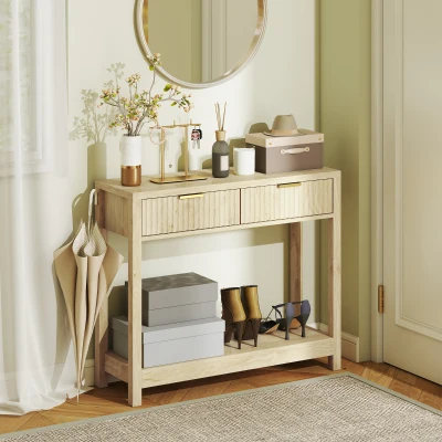 HOMCOM 35" Console Table with Storage Drawers & Shelf, Natural