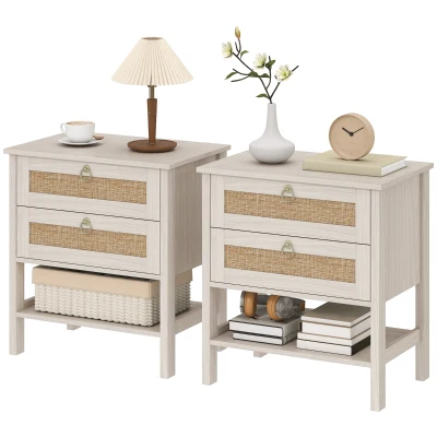HOMCOM Set of 2 Boho Bedside Tables, Rattan Nightstands with 2 Drawers, Storage Shelf, End Side Tables for Bedroom, White Oak