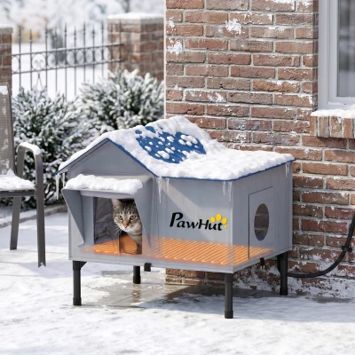 PawHut Heated Cat House with Pad, Elevated Base, Escape Door