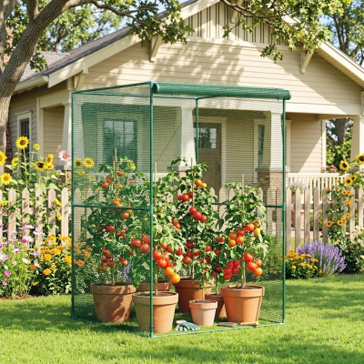 Outsunny 4' x 4' Walk-in Greenhouse, Garden Planting Warm House With Roll-Up Zipper Door for Seedlings Herbs Flowers, Dark Green