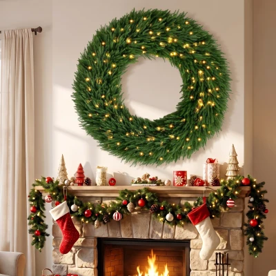 HOMCOM 48" Pre-Lit Norfolk Pine Christmas Wreath, 150 LED, Green