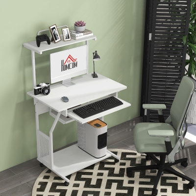 HOMCOM 32" Mobile Computer Table, Rolling Study Desk for Home Office with Keyboard Tray, Storage Shelves, Wheels, White