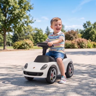 Qaba Toddler Push Car with Horn, Lights, Start-Up Sound, Ride on Car with Steering Wheel, Foot Rest, for 18-36 Months, White