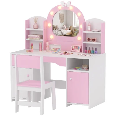 Qaba Kids Vanity Set, Toddler Dressing Table and Chair Set  with Lighted Bow Mirror, Cabinet, Drawer and Shelves, Pink