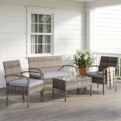 Outsunny 4 Pieces Patio Furniture Set with A Loveseat, Two Armchairs and A Coffee Table, Outdoor Conversation Set, Light Grey