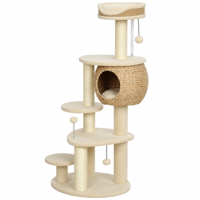 PawHut 52" Cat Tree Tower with Cattail Condo, Bed, Scratching Posts