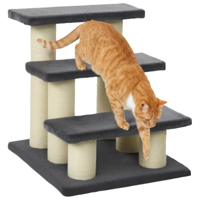 PawHut Cat Trees 3 Tier Pet Stairs Dog Cat 3 Steps Kitty Scratching Post Cat Scratch Furniture Dark Grey