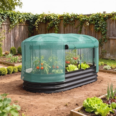 Outsunny 6' x 3' Galvanized Raised Garden Bed with Crop Cage Net Cover and Watering System, Outdoor Planter Box, Dark Grey
