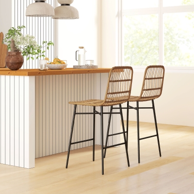 HOMCOM Rattan Counter Height Bar Stools Set of 2, 26" Counter Stools with Back, Modern Bar Chairs for Kitchen Island, Brown