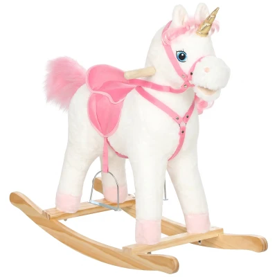 Qaba Baby Rocking Horse, Unicorn Kid Ride on Toy with Rocking Limit, Tail Wag Mouth Movement, Sounds for 3-5 Y, White
