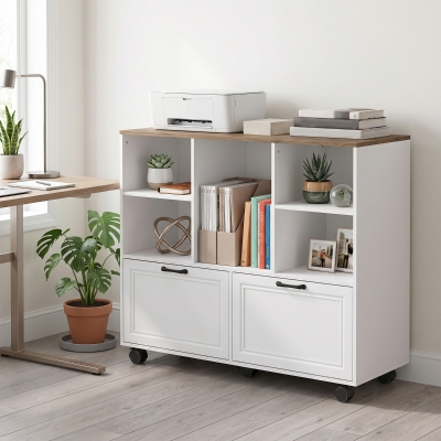 HOMCOM Lateral Mobile Filing Cabinet, 2 Drawer File Cabinet with Wheels, Adjustable Hanging Bars, Walnut and White