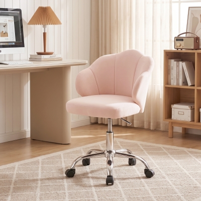 HOMCOM Task Desk Chair, Petal Office Chair with Swivel Wheels with Wide Seat, Velvet, Adjustable Height, Pink