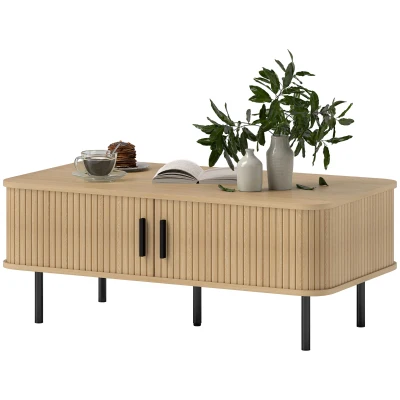 HOMCOM Coffee Table with Storage, Nordic Side Table with Fluted Tambour Sliding Doors and Steel Legs for Living Room, Oak