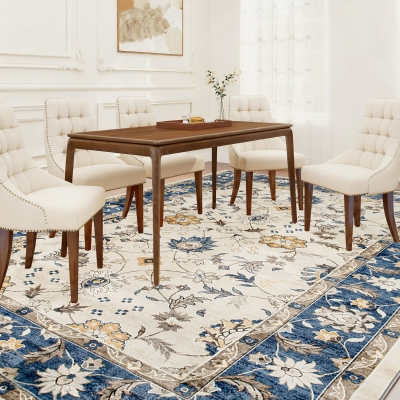 HOMCOM 8x10 Boho Floral Area Rug, Non-Slip Carpet, Blue