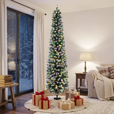 HOMCOM 8ft Slim Prelit Christmas Tree, Dual Color LED, Flocked, Remote