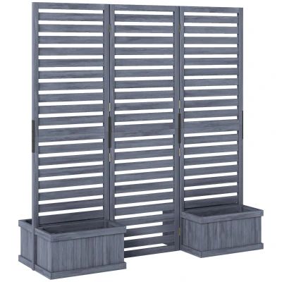 Outsunny Outdoor Privacy Screen Wood Privacy Panel with 4 Planter Boxes, Raised Bed with 3 Panels, Drainage Holes, Grey