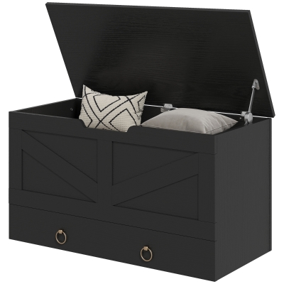 HOMCOM 31.5 Inches Storage Chest, Storage Trunk with 2 Safety Hinges for Living Room, Black Wood Grain