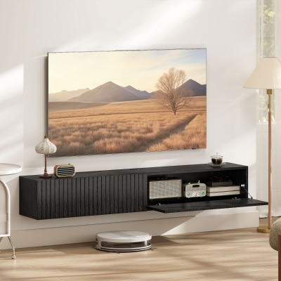 HOMCOM 55" Floating TV Stand for TVs up to 72 Inch, Wall Mount Media Console with 2 Fluted Flip-Down Doors, Cable Hole, Black