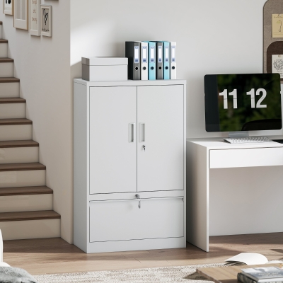 HOMCOM Lateral Filing Cabinet, Metal Storage Cabinet, Garage Cabinet with Double Locks, Adjustable Shelf and File Drawer, White