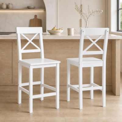 HOMCOM Counter Height Stools Set of 2, Farmhouse Bar Stools with Backs, Solid Wood Counter Stools for Kitchen Island White