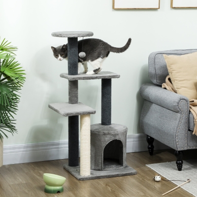 PawHut Cat Tree Cat Tower Multi-Level with Sisal Scratching Post for Kittens and Adults Grey Large 41"H