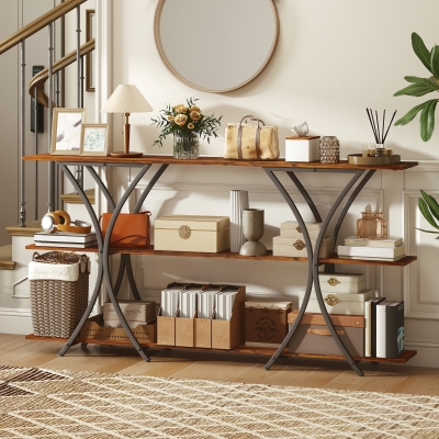 HOMCOM 71" Console Table, 3-Tier Industrial Entryway Table with 2 Storage Shelves for Living Room, Hallway, Rustic Brown