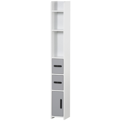 kleankin Freestanding Tall Bathroom Cabinet, Narrow Bathroom Storage Cabinet with Shelves and Cupboards, Grey and White