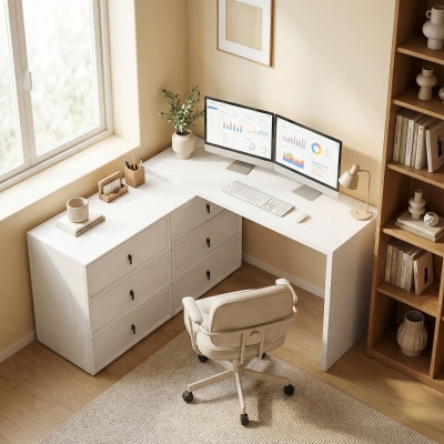HOMCOM L Shaped Computer Desk Home Office Desk with 6 Drawers White Wood Grain