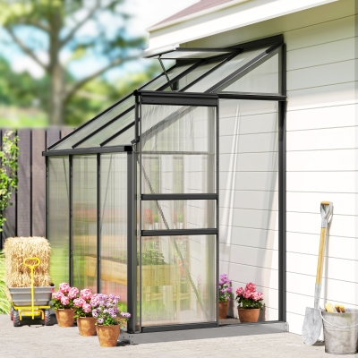 Outsunny Aluminum Lean-to Greenhouse Polycarbonate Walk-in Greenhouse with Rain Gutter and Sliding Door, 6' x 4', Dark Grey