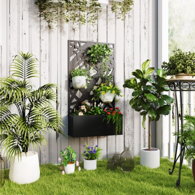 Outsunny Raised Garden Bed with Trellis, Freestanding/Wall Mounted Metal Garden Box with Privacy Panel, Irregular Line Cut-Outs