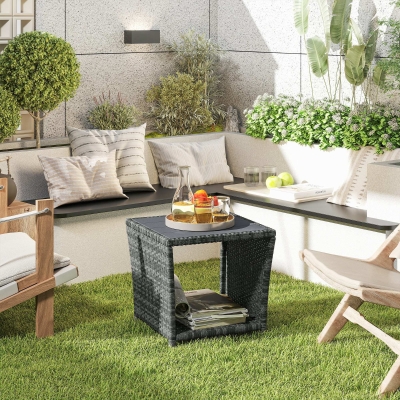 Outsunny 17.7" Wicker Side Table with Storage Shelf, Square PE Rattan Outdoor End Table with PS Wood Slat Top, Grey