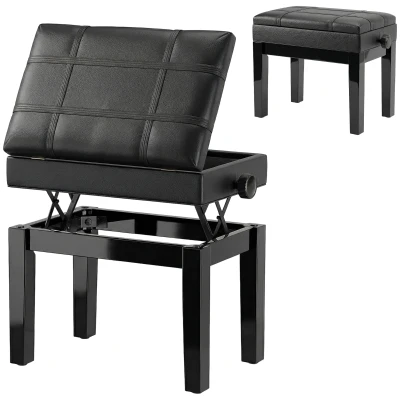 HOMCOM Faux Leather Keyboard Bench, 24.8" Adjustable Piano Bench with Padded Cushion and Storage, Black