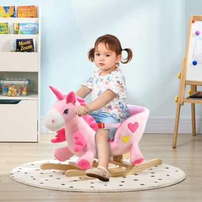 Qaba Baby Rocking Horse, Plush Animal Rocker Unicorn with Sound, Handle Grip for 18-36 Months, Pink