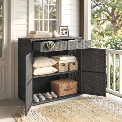 Outsunny Wicker Outdoor Storage Cabinet with 2 Doors and Drawers, 2-Tier Shelf Rattan Patio Storage Cabinet, Dark Grey