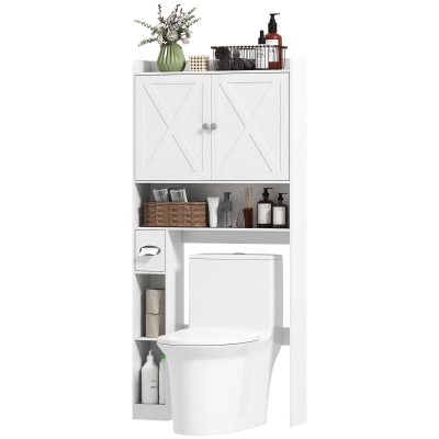 HOMCOM Farmhouse Over The Toilet Storage Shelf with Barn Doors, Toilet Rack with Adjustable Shelf, White