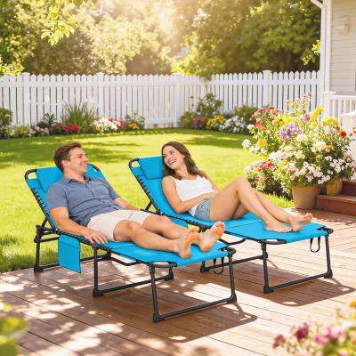Outsunny 2-Piece Folding Chaise Lounge Chairs, 5-Level Recline, Blue