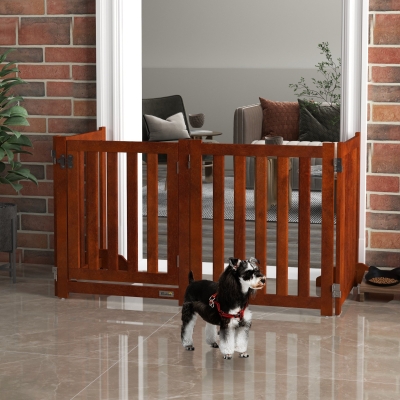PawHut Foldable Dog Gate with Door, 4 Panels Fressstanding Pet Gate, Brown