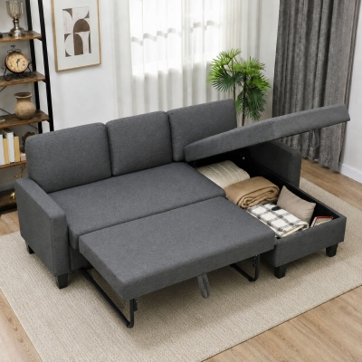 HOMCOM 77.6" Sofa Bed, Pull Out Sleeper L Shaped Sectional Couch, Reversible Storage Chaise, Wide and Deep Seat, Charcoal Grey