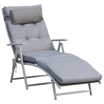 Outsunny Lounge Chair Outdoor, Folding Patio Chaise Lounger, 360 lbs 7-Position Adjustable Back Outdoor Recliner with Cushion, Headrest for Garden, Backyard, Poolside, Grey