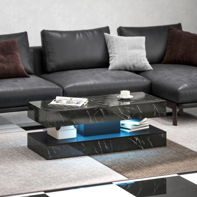HOMCOM Coffee Table with Adjustable LED Lights, Center Table with 2 Drawers, Open Shelf, Remote, High Gloss Marble-Effect Black