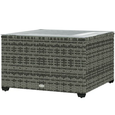 Outsunny 24.4" Patio Wicker Coffee Table, PE Rattan Outdoor Side Table with Tempered Glass Top, Light Grey