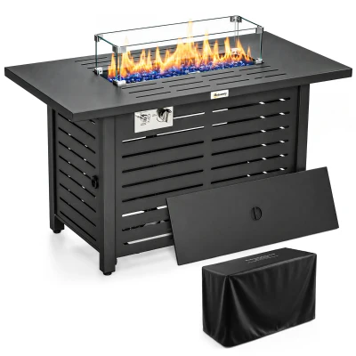 Outsunny Propane Gas Fire Pit Table, Outdoor Firepit with 43" Steel Tabletop and Lid, 50,000 BTU Pulse Ignition Fire Table w/ Stainless Steel Burner, Glass Wind Guard, and Cover
