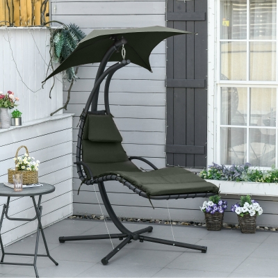 Outsunny Outdoor Hammock Chair with Stand, Floating Chaise Lounge Chair with Soft Padded Cushion, Hanging Hammock Swing Reclining Seat with Canopy Umbrella, Charcoal Grey